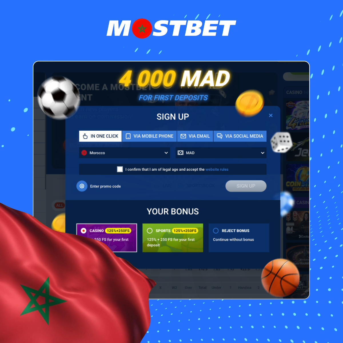 أنشئ حسابًا بالنقر على زر "التسجيل" الموجود أعلى يمين موقع Mostbet الإلكتروني